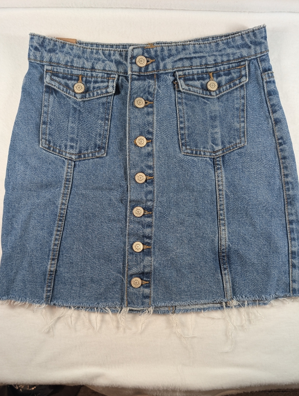 Zara Light Wash Button Front Frayed Hem Skirt M